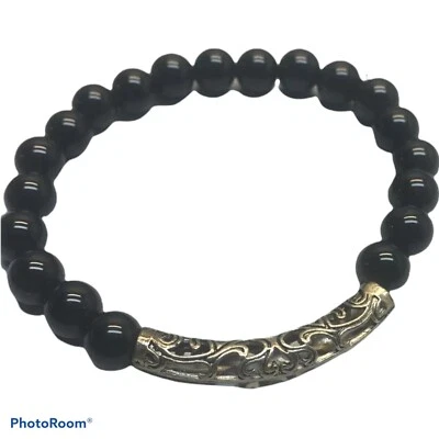 Tibetan Silver Tubular Charm And Onyx Bead Stretch Bracelet - Image 1 of 4