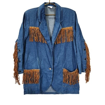 Винтажный мечты женщин средний Western ковбой родео бахрома джинсовой ткани стиль блейзер куртка  - Изображение 1 из 4