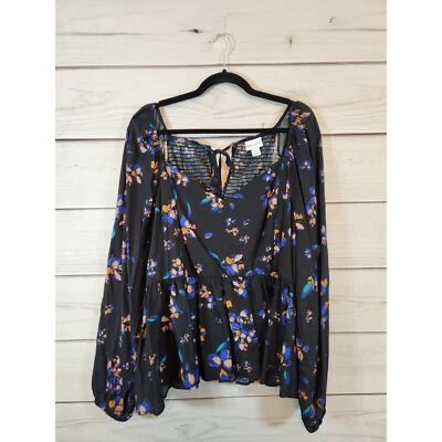 Blusa feminina Ava & Viv preta floral manga longa amarrar costas namorada 3X - Imagem 1 de 4