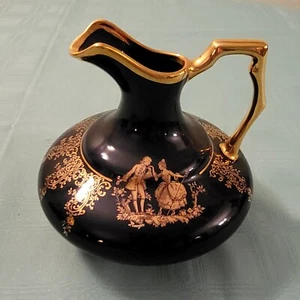"Jarra de porcelana dorada azul cobalto vintage LIMOGES Castillo Francia cortejo pareja 6""" - Imagen 1 de 7