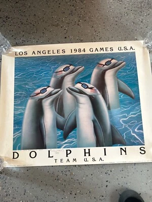 "De colección Firmado 1984 Los Angeles Games USA DOLPHINS 25"" Por 20"" Difícil de encontrar" Foto 1 de 4