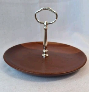 VTG MCM Mid Century Kromex Round Serving Tray Wooden With Silver Handle 8.5" - Picture 1 of 9