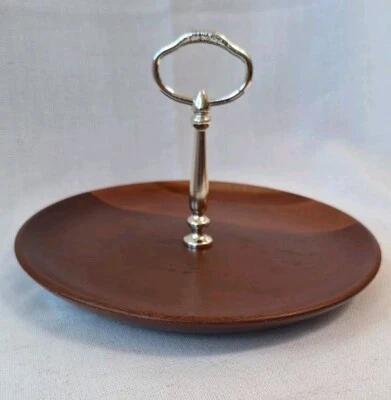VTG MCM Mid Century Kromex Round Serving Tray Wooden With Silver Handle 8.5" - Image 1 of 4