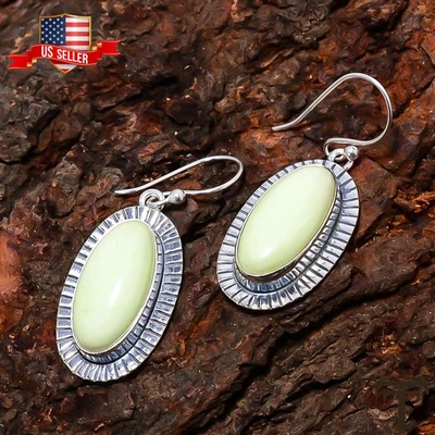 Oferta de Navidad 925 Plata Ovalada LIMÓN CRISOPRASA Piedra Colgante Pendientes Colgantes Esposa Foto 1 de 4