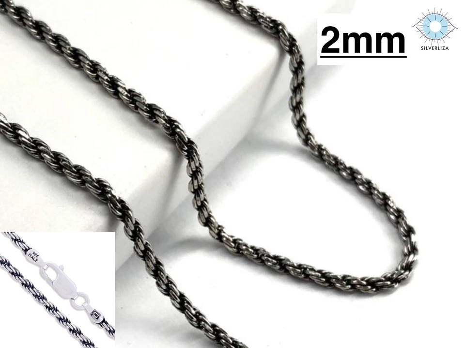 Colar de corrente de corda 2 mm oxidado preto ródio real 925 prata esterlina 16-30" - Imagem 1 de 4
