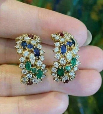 3.3Ct Lab Created Ruby Emerald, Sapphire & Diamond Earring 18K Yellow Gold Over - Image 1 of 4