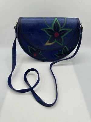 Bolso de Hombro Vintage Saks Fifth Avenue Cuero Azul Borde de Lagarto Floral Sillín Foto 1 de 4