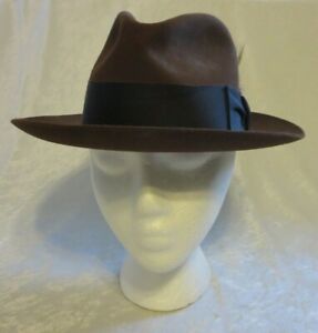Stetson brown fedora Temple 6 7/8 R oval 23/8 brim feather in band