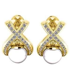 14KT Yellow Gold 4.55Ct Natural Freshwater Pearl IGI Certified Diamond Studs - Picture 1 of 1