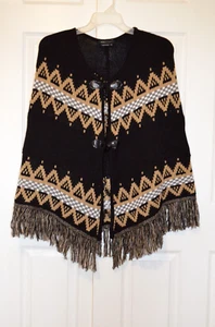BCBG MAXAZRIA Poncho Sweater Shawl Women's S/M Black Gold White Button Front - Picture 1 of 15