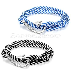 Stylish Multilayer Twisted Nylon Rope Cord Unisex Fish Hook Nautical Bracelet - Picture 1 of 9