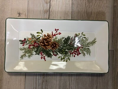 New Pottery Barn Holly Berry Stoneware Rectangle Serving Tray Platter Christmas - Image 1 of 4