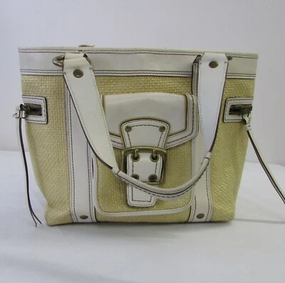 Cartera de mano Coach Legacy grande de cuero amarillo y blanco pajizo Foto 1 de 4