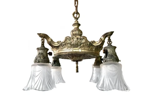 Antique Early 1900s Chandelier Very Heavy Rewired New Sockets Nickel Plated Cover