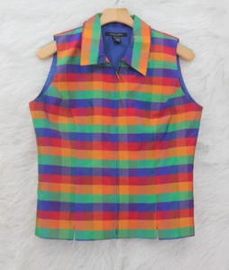 Silkland Women's 100% Silk Multicolored Check Sleeveless Top Vest Zip Sz 8 #1579 - Picture 1 of 13