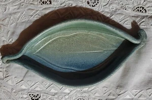 Artist Signed Pottery Trinket Dish Blue Green Beige - Picture 1 of 3