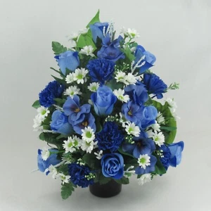 Blue artificial grave flower flat back arrangement in weighted grave pot – 36cm - Picture 1 of 4