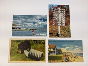 4 Vintage Maine Postcards Anchorage Motor Inn, mile marker sign bear Wells beach - Imagen 1 de 6