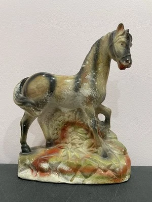 Chalkware HORSE Brown BLACK STRIPES 10" Figurine ORANGE GREEN Vintage CHALK - Image 1 of 4