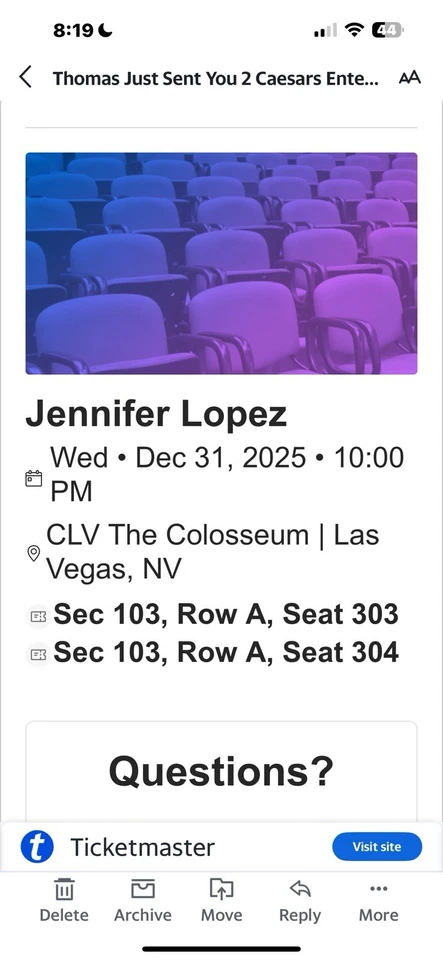 ¡Dos entradas Año Nuevo al frente y al centro Jennifer Lopez Las Vegas! Foto 1 de 1