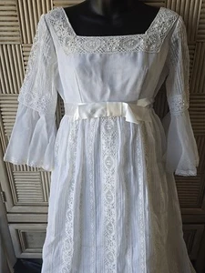 Vintage 70s Ivory Lace Prairie Wedding Dress Cottagecore Maxi Dress Bust 34" - Picture 1 of 10