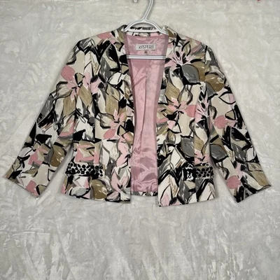 Kasper Pink/Black/White Lined Open Front Blazer Jacket Womens 4 Beaded - Image 1 of 4