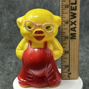 Vtg Yellow Piggy Bank Red Overalls Pink Glasses 5 Inch Collectible No Stopper - Picture 1 of 9