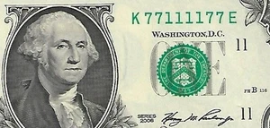 2006 $1 FRN 2-Digit Fancy Serial Number RADAR Note -K77111177E -Ch/CU - Picture 1 of 3