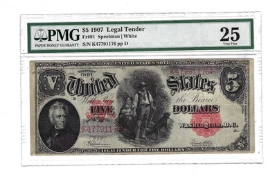 25 PMG 5 Dollars 1907 United States Banknote Large Size Small Red Scalloped # 91 - Image 1 of 4