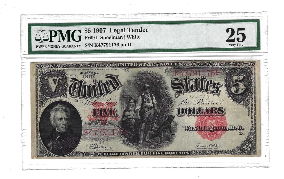 25 PMG 5 Dollars 1907 United States Banknote Large Size Small Red Scalloped # 91 - Image 1 of 4