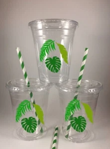 Leaf Palm Wild One Party Cups Jungle Birthday Set/12 With Lids Straws Tropical - Picture 1 of 1