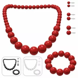 SET Perlenkette + Perlenarmband + 3 Paar Ohrstecker rot schwarz weiß Schmuckset - Bild 1 von 4