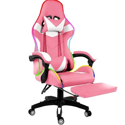 ARREDITALY Sedia gaming scrivania poltrona ufficio girevole ecopelle bianco rosa e LED RGB