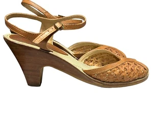 Sz 8 N Vtg 70s Sling Back Sandal Wood Heel Shoe Woven Leather Open Toe - Picture 1 of 7