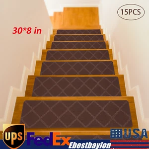 15 PCs Carpet Stair Treads Anti Slip Stair Mats for Wooden Steps Rugs 30*8inch - Picture 1 of 22