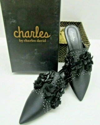 (MSRP 99 美元)黑色 Wesley 缎面骡子平底鞋女式 Charles David 全新 — 第 1/4 张图片