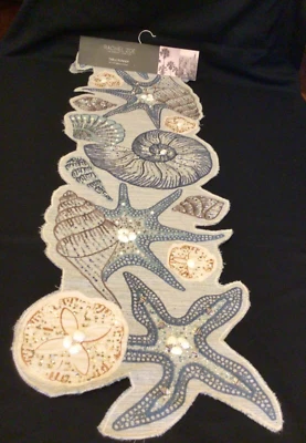 Coastal Rachel Zoe 15 x 54 Starfish Shell Sand dollar Beaded Table Runner - Image 1 of 4