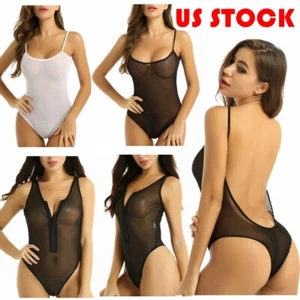 Women Sexy Bodysuit One-piece See Through Babydoll High Cut Thongs Leotard Teddy - Picture 1 of 25