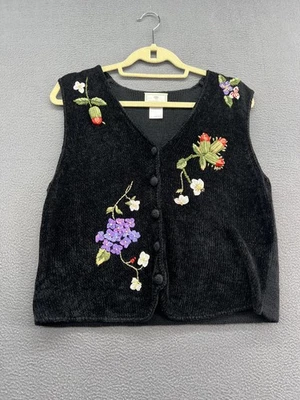 Chaleco Suéter Vintage Susan Bristol Mujer Mediano Negro Bordado Floral Tejido Foto 1 de 4