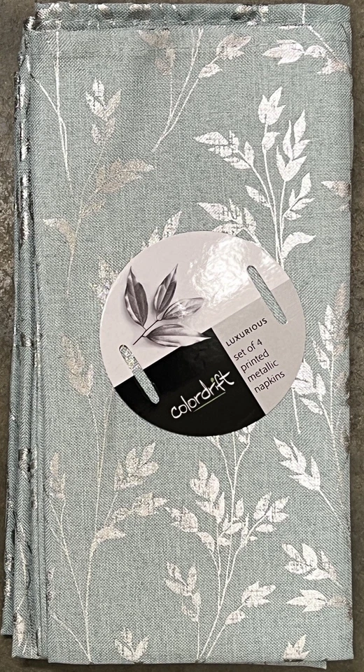 Juego de 4 servilletas de tela Colordrift verde metálico plateado hojas de ramillo Foto 1 de 1