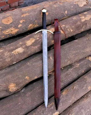 Espada vikinga de acero Damasco forjada a mano: mango de palo de rosa, funda de cuero Foto 1 de 4