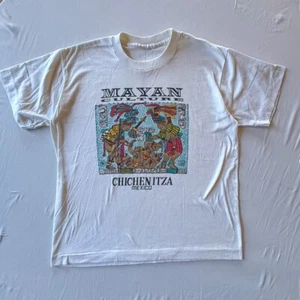 Vintage MAYAN CULTURE Chichenitza T-Shirt OSFM Large Tribal Print White Tee - Picture 1 of 3