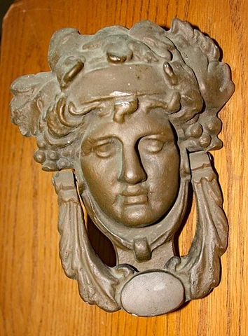 Antique Heavy Brass Bronze Goddess Athena Face Door Knocker, Great Patina, works Cover