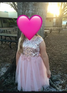 Pink Sequin Girls Party Dress Size XL Tulle Skirt Tie Back Bow Cherokee Tank - Picture 1 of 8