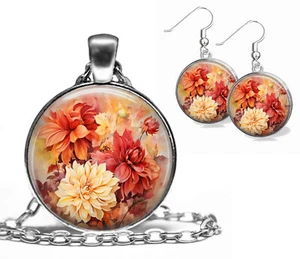 Autumn Flowers Pendant Necklace & Dangle Earrings Set Fall Autumn Lovers Gifts - Picture 1 of 6