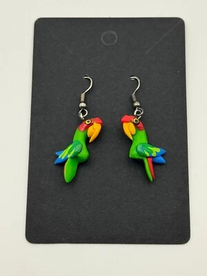 Colorful Hand-Painted Parrot Bird Dangle Earrings Lightweight Handmade - Image 1 of 4