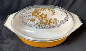 Vintage Pyrex Floral Bubble Lid 945C 1 Orange Oval Casserole Dish 045 2.5 Quarts - Picture 1 of 16