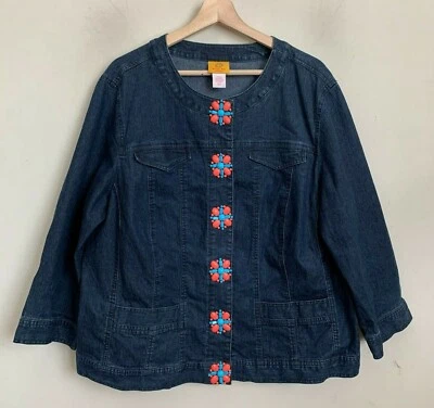 Ruby Rd Jacket Blue Denim Coral Multi Bead Trim 3/4 Sleeve Snap Stretch Size 20W - Image 1 of 4