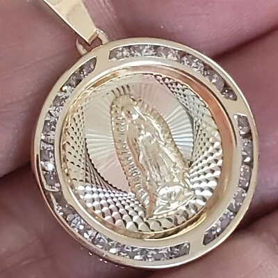 real 14k gold  virgin Mary  guadalupe pendant diamond cut 1.15 inch long round - Image 1 of 4