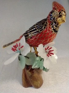 Jade Glass Bonsai Cherry Blossom Tree With Red Cloisonne Cardinal On Branch  - Picture 1 of 16
